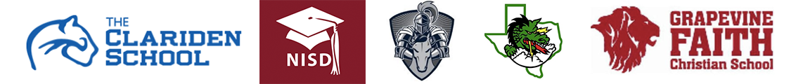 Area school logos: Northwest ISD, Carroll ISD, The Clariden School, Liberty Christian School, Grapevine Faith Christian